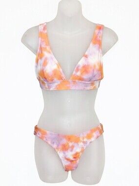 Simons Tie Dye Bikini Set Pastel Pink Orange Vneck Bralette Cheeky Bottom Small